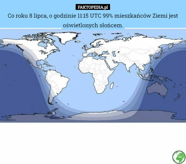 
    Co roku 8 lipca, o godzinie 11:15 UTC 99% mieszkańców Ziemi jest oświetlonych