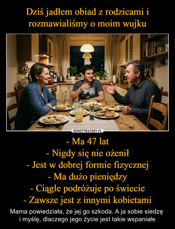 
    Dziś jadłem obiad z rodzicami i rozmawialiśmy o moim wujku - Ma 47 lat - Nigdy się nie ożenił - Jest w dobrej formie fizycznej - Ma dużo pieniędzy - Ciągle podróżuje po świecie - Zawsze jest z innymi kobietami