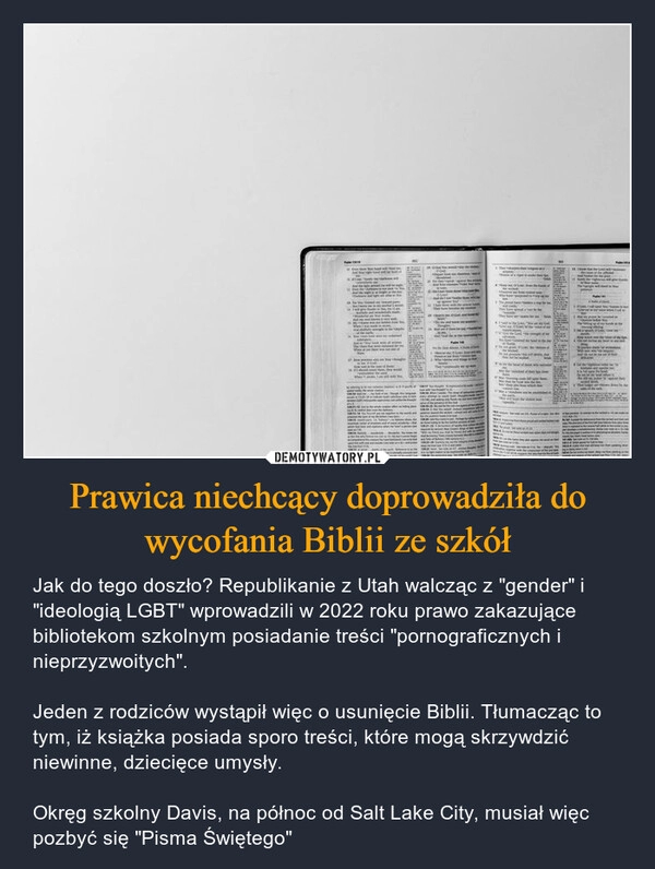 
    Prawica niechcący doprowadziła do wycofania Biblii ze szkół