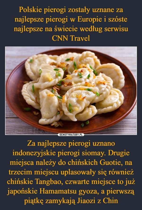 
    Polskie pierogi zostały uznane za najlepsze pierogi w Europie i szóste najlepsze na świecie według serwisu CNN Travel Za najlepsze pierogi uznano indonezyjskie pierogi siomay. Drugie miejsca należy do chińskich Guotie, na trzecim miejscu uplasowały się również chińskie Tangbao, czwarte miejsce to już japońskie Hamamatsu gyoza, a pierwszą piątkę zamykają Jiaozi z Chin