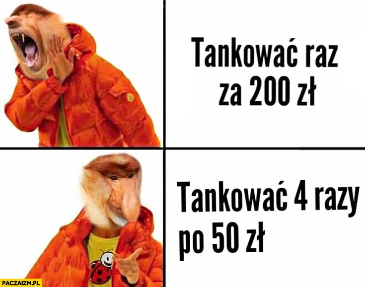 
    Tankować raz za 200zł vs tankować 4 razy po 50zł typowy Polak nosacz małpa