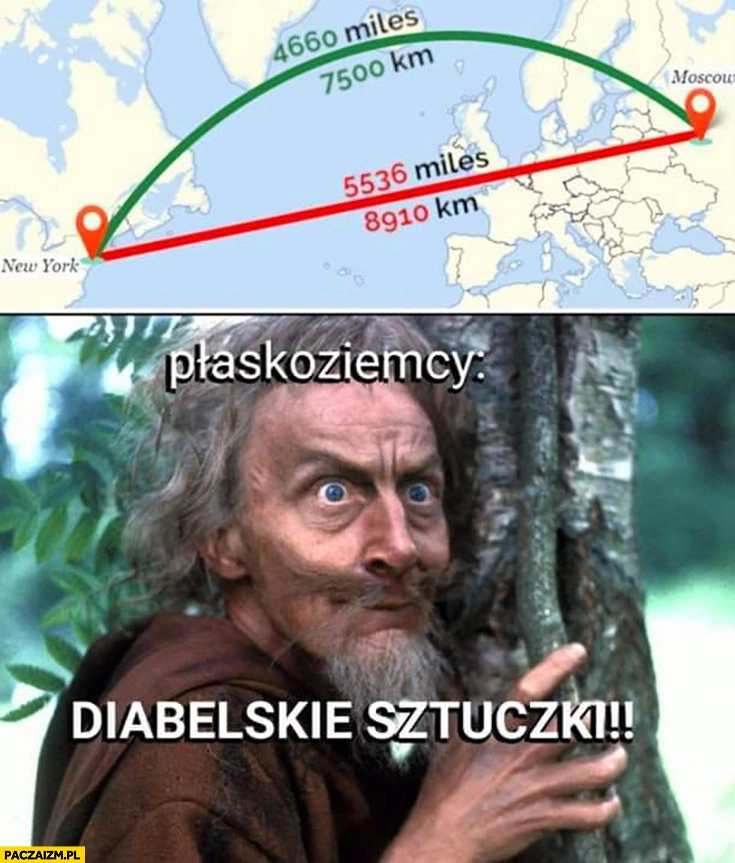 Odległość na mapie w linii prostej dalej, po łuku bliżej płaskoziemcy diabelskie sztuczki
