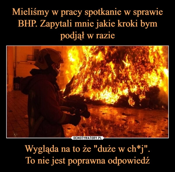 
    Mieliśmy w pracy spotkanie w sprawie BHP. Zapytali mnie jakie kroki bym podjął w razie Wygląda na to że "duże w ch*j".
To nie jest poprawna odpowiedź