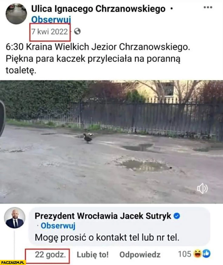 
    Jacek Sutryk reakcja na post z kwietnia 2022 na facebooku dziurawa ulica