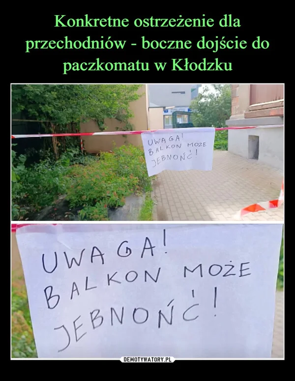 Konkretne ostrzeżenie dla przechodniów - boczne dojście do paczkomatu w Kłodzku