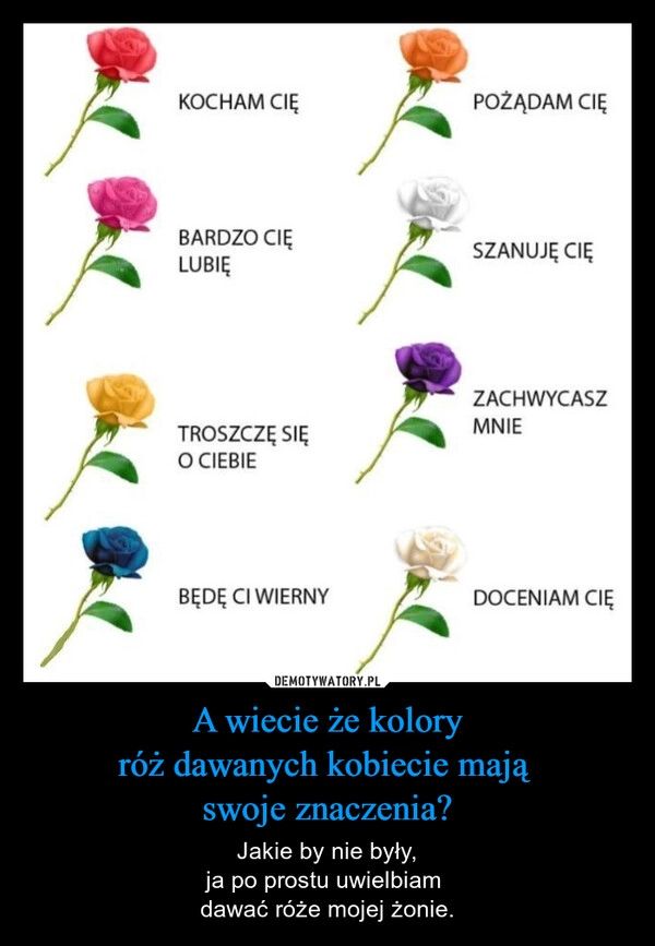 
    A wiecie że kolory
róż dawanych kobiecie mają 
swoje znaczenia?