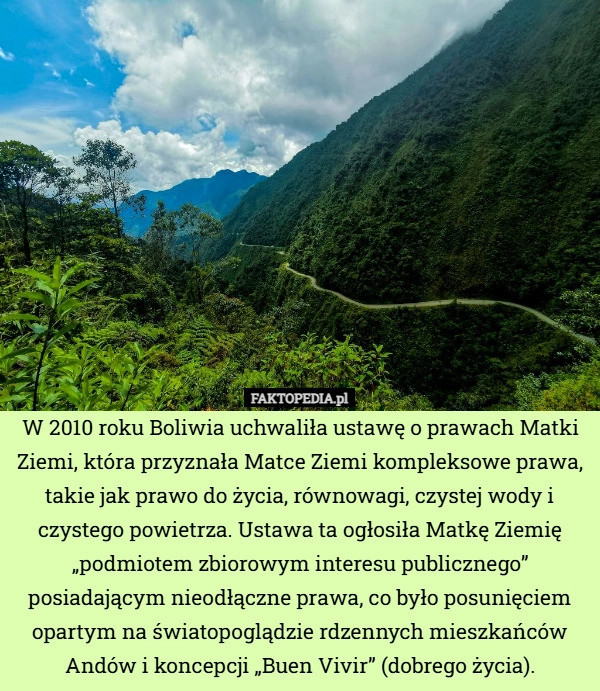 
    W 2010 roku Boliwia uchwaliła ustawę o prawach Matki Ziemi, która przyznała