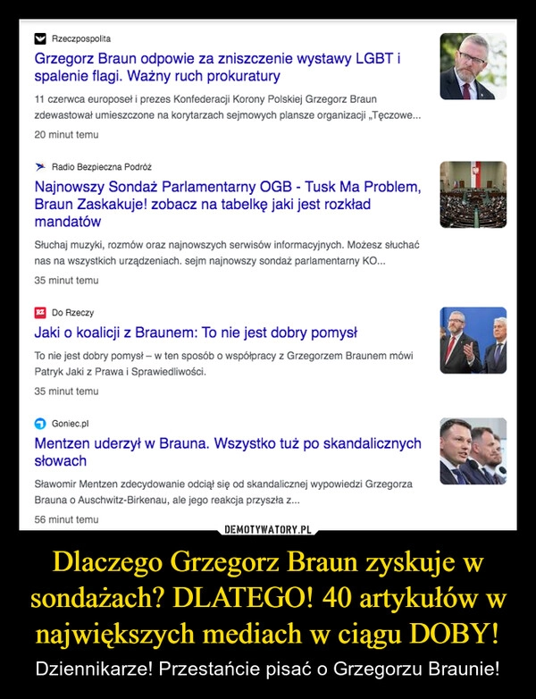 
    Dlaczego Grzegorz Braun zyskuje w sondażach? DLATEGO! 40 artykułów w największych mediach w ciągu DOBY!