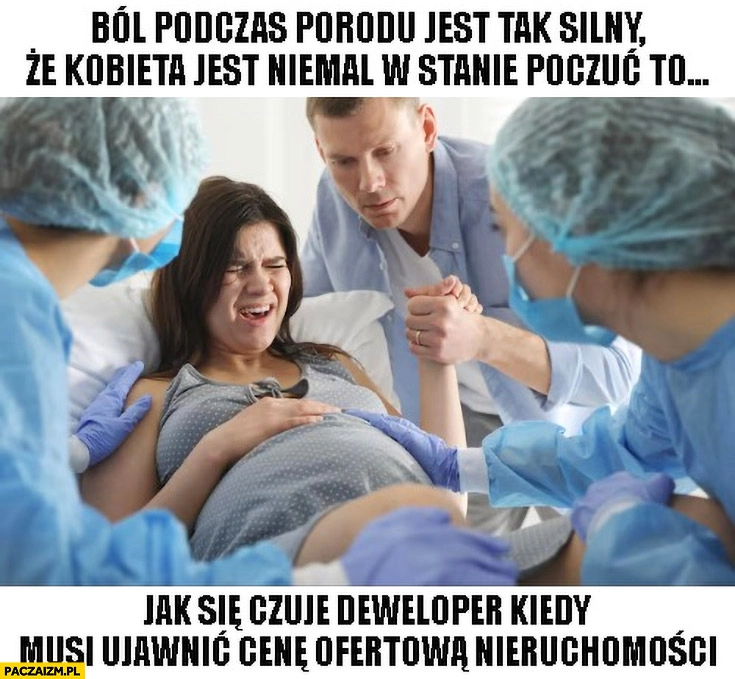 
    Ból podczas porodu jest tak silny, że kobieta jest niemal w stanie poczuć jak czuje się deweloper kiedy musi ujawnić cenę nieruchomości