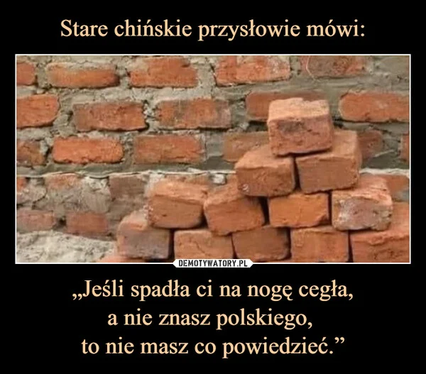 
    Stare chińskie przysłowie mówi: „Jeśli spadła ci na nogę cegła, a nie znasz polskiego, to nie masz co powiedzieć.”