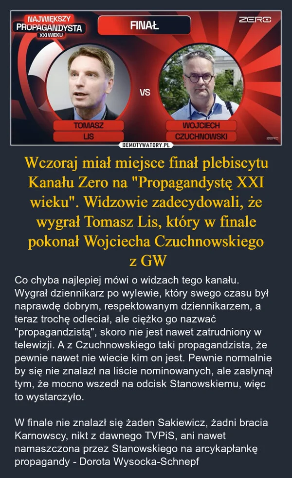 
    Wczoraj miał miejsce finał plebiscytu Kanału Zero na 