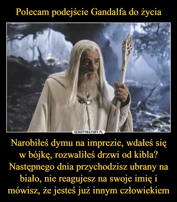 
    Polecam podejście Gandalfa do życia Narobiłeś dymu na imprezie, wdałeś się w bójkę, rozwaliłeś drzwi od kibla? Następnego dnia przychodzisz ubrany na biało, nie reagujesz na swoje imię i mówisz, że jesteś już innym człowiekiem