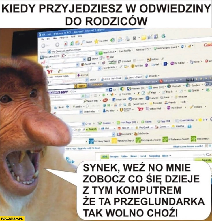 
    Kiedy przyjedziesz w odwiedziny do rodziców synek zobacz co się dzieje z tym komputerem typowy Polak nosacz małpa