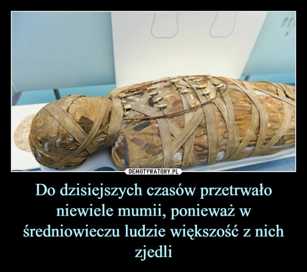 
    Do dzisiejszych czasów przetrwało niewiele mumii, ponieważ w średniowieczu ludzie większość z nich zjedli