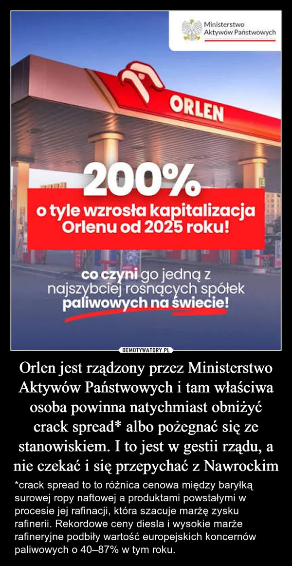 Orlen jest rządzony przez Ministerstwo Aktywów Państwowych i tam właściwa osoba powinna natychmiast obniżyć crack spread* albo pożegnać się ze stanowiskiem. I to jest w gestii rządu, a nie czekać i się przepychać z Nawrockim