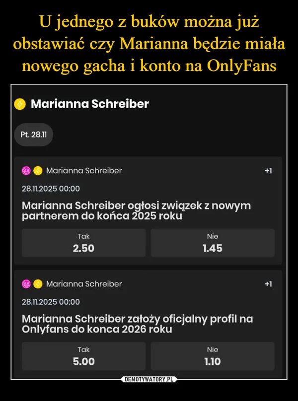 
    U jednego z buków można już obstawiać czy Marianna będzie miała nowego gacha i konto na OnlyFans