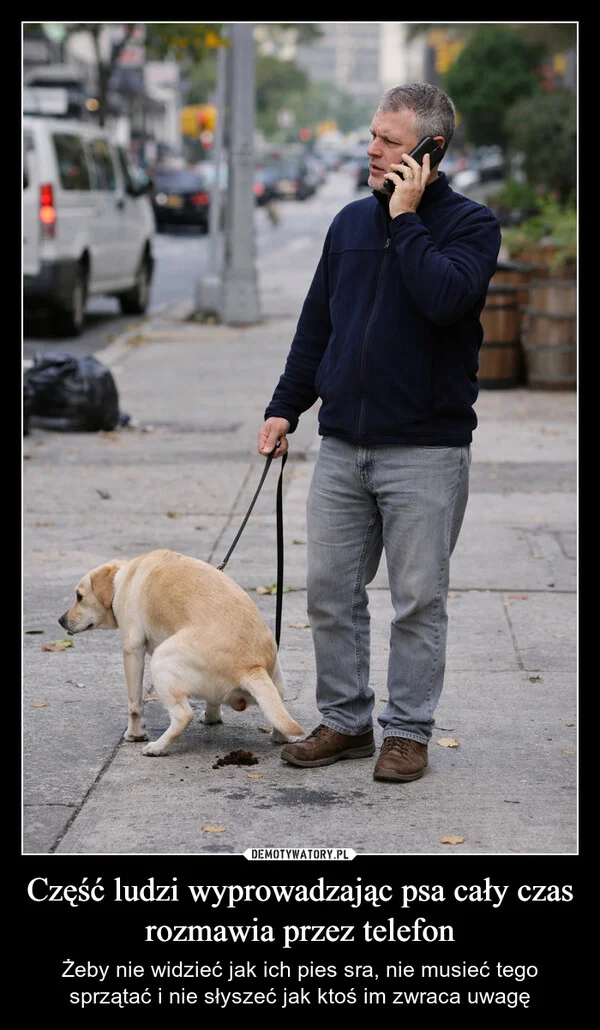 
    Część ludzi wyprowadzając psa cały czas rozmawia przez telefon