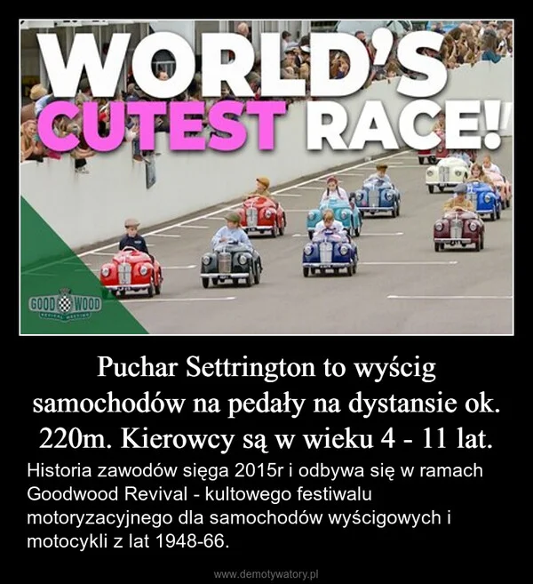 
    Puchar Settrington to wyścig samochodów na pedały na dystansie ok. 220m. Kierowcy są w wieku 4 - 11 lat.