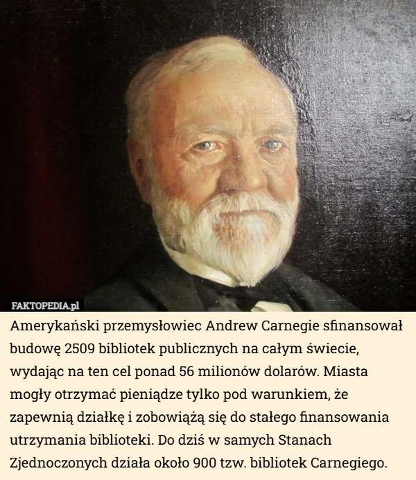 
    Amerykański przemysłowiec Andrew Carnegie sfinansował budowę 2509 bibliotek...