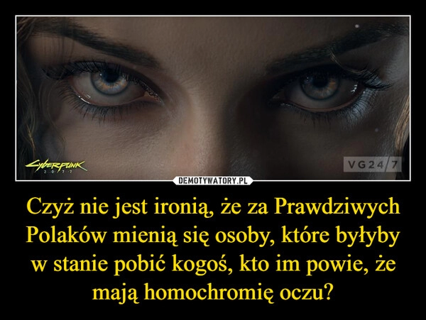 
    Czyż nie jest ironią, że za Prawdziwych Polaków mienią się osoby, które byłyby w stanie pobić kogoś, kto im powie, że mają homochromię oczu?