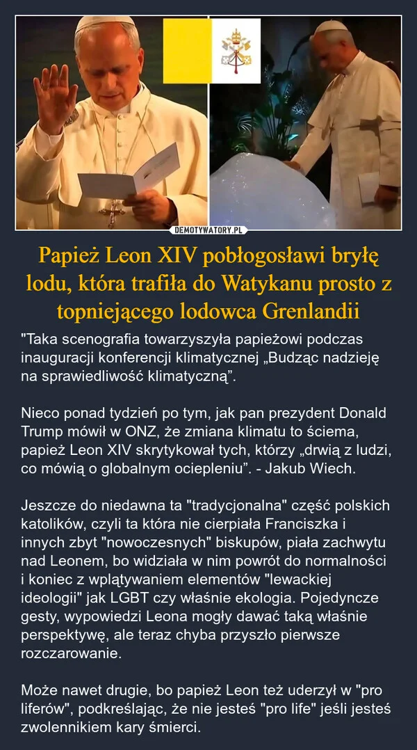 
    Papież Leon XIV pobłogosławi bryłę lodu, która trafiła do Watykanu prosto z topniejącego lodowca Grenlandii