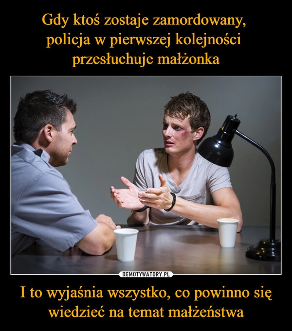 
    Gdy ktoś zostaje zamordowany, 
policja w pierwszej kolejności 
przesłuchuje małżonka I to wyjaśnia wszystko, co powinno się wiedzieć na temat małżeństwa