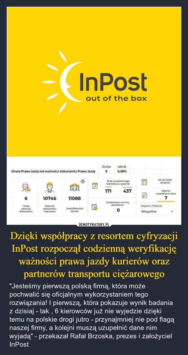 
    Dzięki współpracy z resortem cyfryzacji InPost rozpoczął codzienną weryfikację ważności prawa jazdy kurierów oraz partnerów transportu ciężarowego