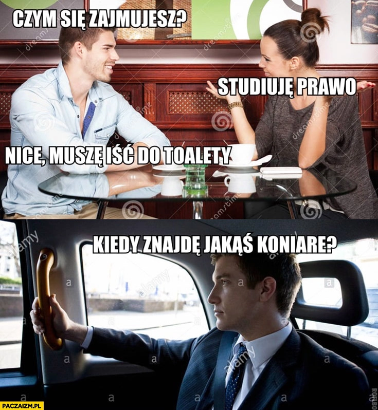 
    Na randce: czym się zajmujesz? Studiuję prawo, muszę iść do toalety, kiedy znajdę jakąś koniarę?