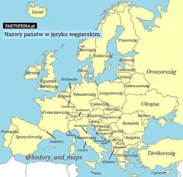 
    Nazwy państw w języku węgierskim.