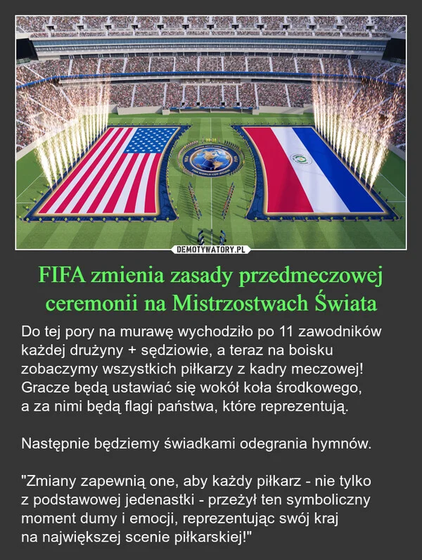 
    FIFA zmienia zasady przedmeczowej ceremonii na Mistrzostwach Świata