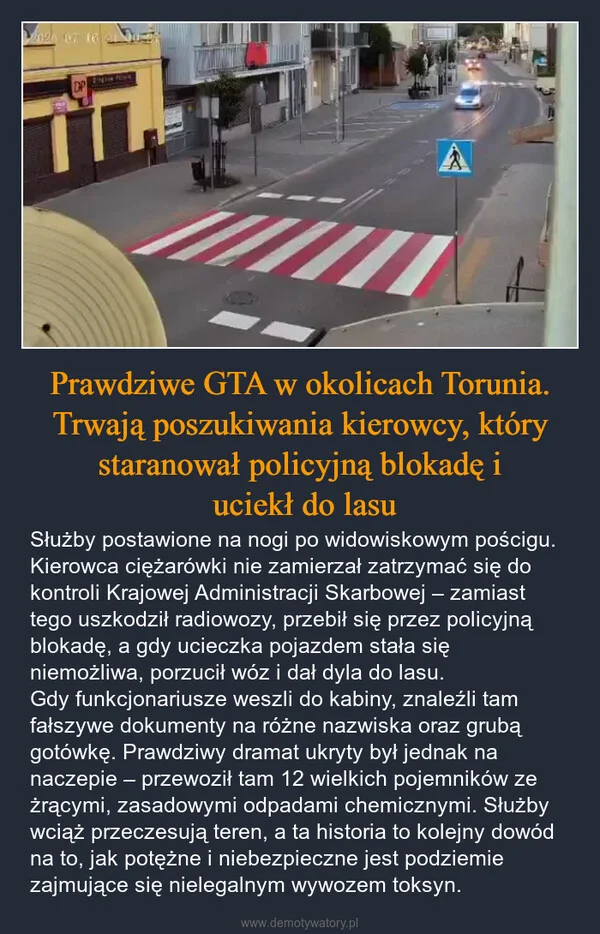 Prawdziwe GTA w okolicach Torunia. Trwają poszukiwania kierowcy, który staranował policyjną blokadę i uciekł do lasu