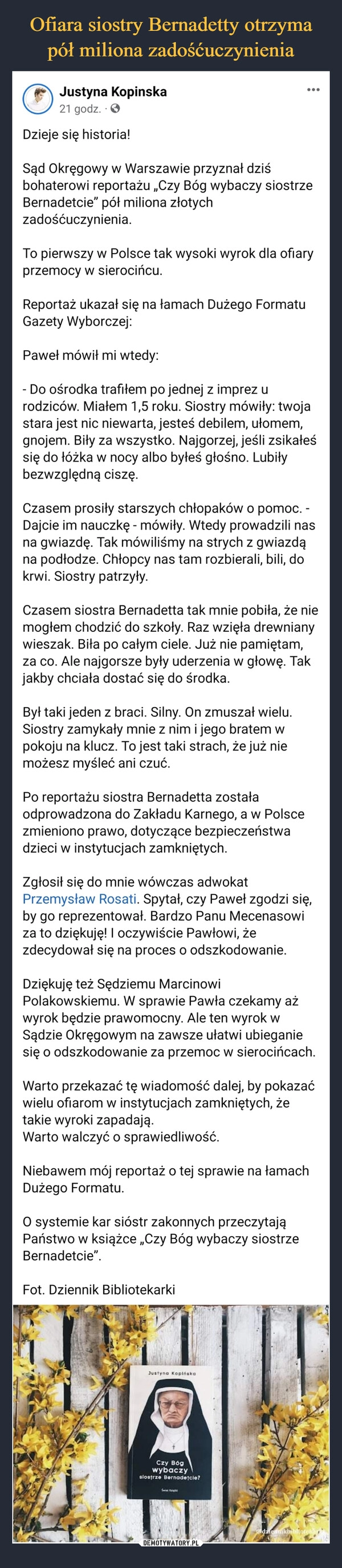 
    Ofiara siostry Bernadetty otrzyma pół miliona zadośćuczynienia