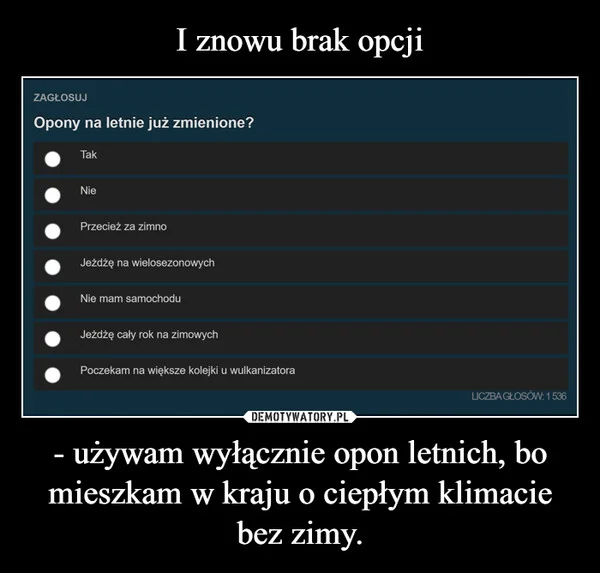 I znowu brak opcji - używam wyłącznie opon letnich, bo mieszkam w kraju o ciepłym klimacie bez zimy.