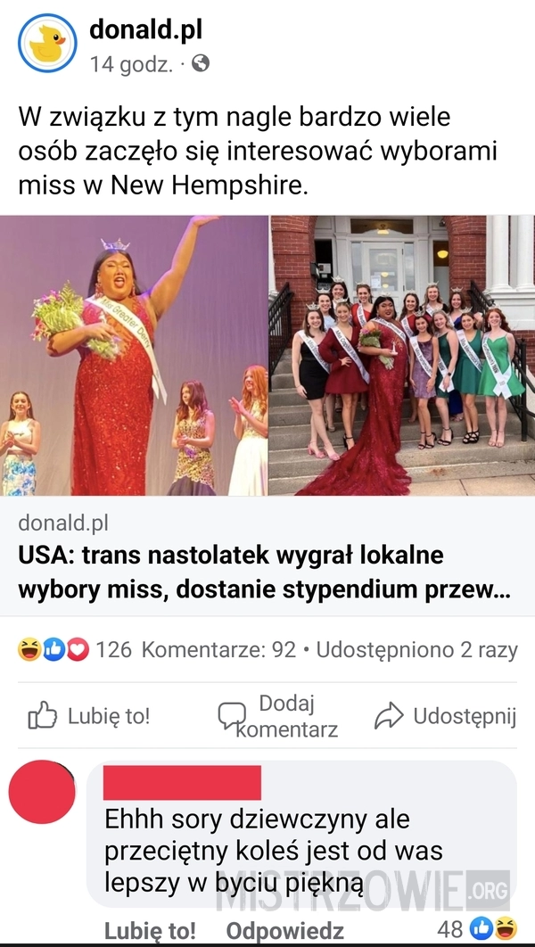 
    
			Trans nastolatek wygrał wybory miss...					