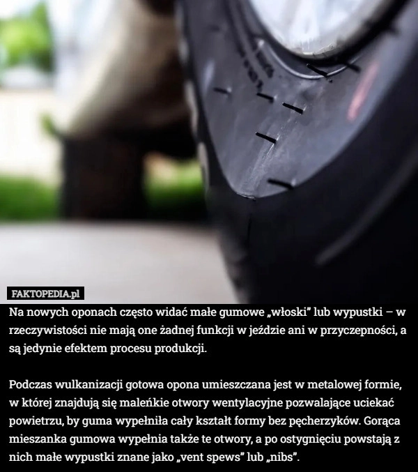 
    Na nowych oponach często widać małe gumowe „włoski” lub wypustki – w rzeczywistości