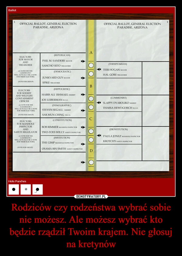 
    Rodziców czy rodzeństwa wybrać sobie nie możesz. Ale możesz wybrać kto będzie rządził Twoim krajem. Nie głosuj na kretynów