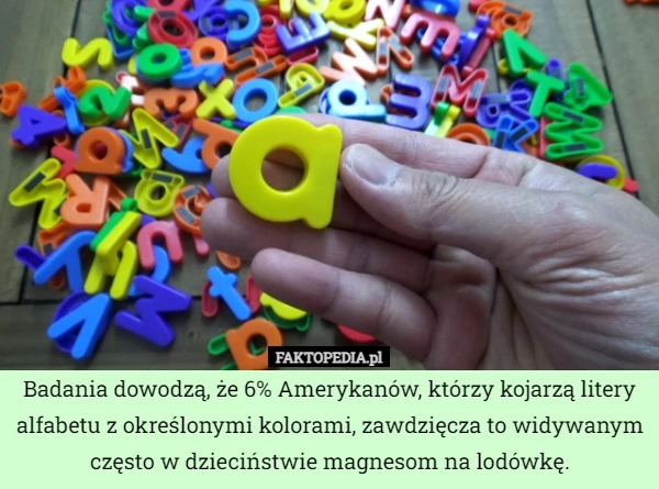 
    Badania dowodzą, że 6% Amerykanów, którzy kojarzą litery alfabetu z określonymi