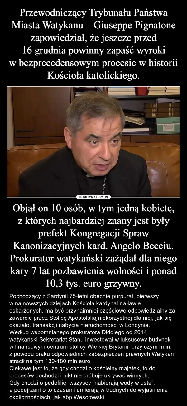 
    Przewodniczący Trybunału Państwa Miasta Watykanu – Giuseppe Pignatone zapowiedział, że jeszcze przed 16 grudnia powinny zapaść wyroki w bezprecedensowym procesie w historii Kościoła katolickiego. Objął on 10 osób, w tym jedną kobietę, z których najbardziej znany jest były prefekt Kongregacji Spraw Kanonizacyjnych kard. Angelo Becciu. Prokurator watykański zażądał dla niego kary 7 lat pozbawienia wolności i ponad 10,3 tys. euro grzywny.