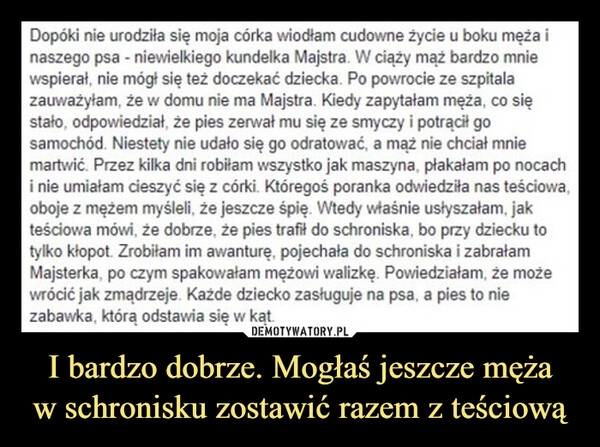 
    I bardzo dobrze. Mogłaś jeszcze męża
w schronisku zostawić razem z teściową