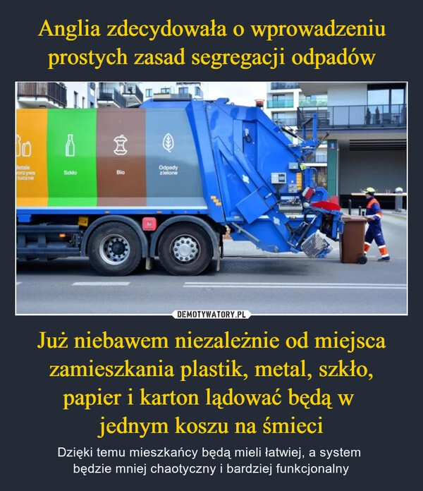 
    Anglia zdecydowała o wprowadzeniu prostych zasad segregacji odpadów Już niebawem niezależnie od miejsca zamieszkania plastik, metal, szkło, papier i karton lądować będą w 
jednym koszu na śmieci