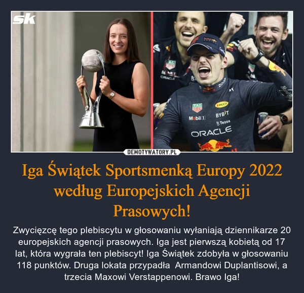 
    
Iga Świątek Sportsmenką Europy 2022 według Europejskich Agencji Prasowych! 