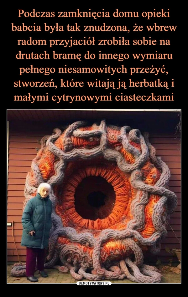 
    Podczas zamknięcia domu opieki babcia była tak znudzona, że wbrew radom przyjaciół zrobiła sobie na drutach bramę do innego wymiaru pełnego niesamowitych przeżyć, stworzeń, które witają ją herbatką i małymi cytrynowymi ciasteczkami