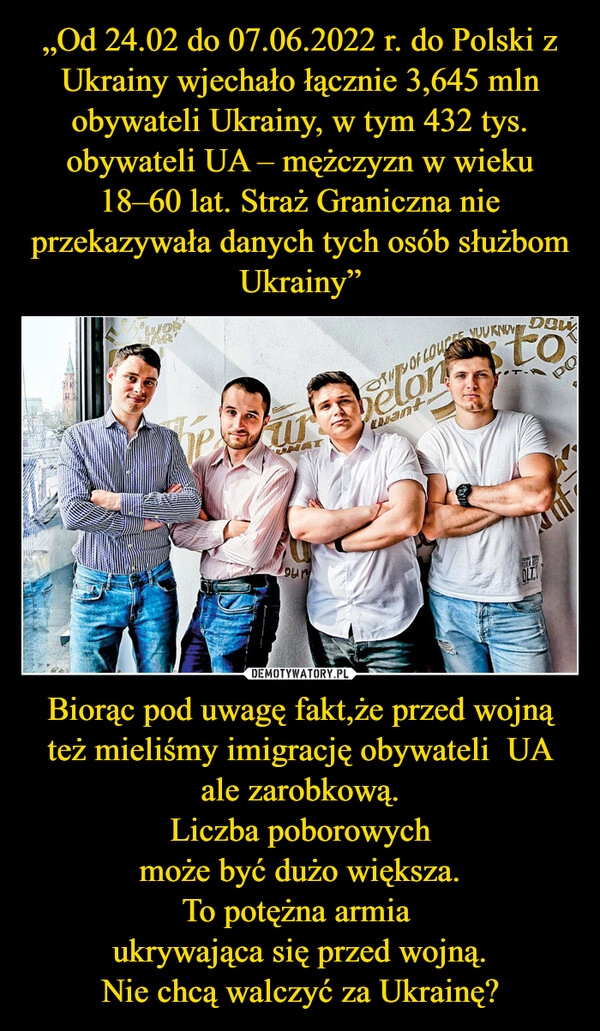 
    „Od 24.02 do 07.06.2022 r. do Polski z Ukrainy wjechało łącznie 3,645 mln obywateli Ukrainy, w tym 432 tys. obywateli UA – mężczyzn w wieku 18–60 lat. Straż Graniczna nie przekazywała danych tych osób służbom Ukrainy” Biorąc pod uwagę fakt,że przed wojną
też mieliśmy imigrację obywateli  UA ale zarobkową.
Liczba poborowych
może być dużo większa.
To potężna armia 
ukrywająca się przed wojną.
Nie chcą walczyć za Ukrainę?