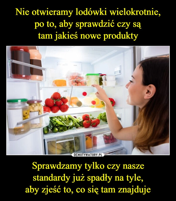 
    Nie otwieramy lodówki wielokrotnie,
po to, aby sprawdzić czy są
tam jakieś nowe produkty Sprawdzamy tylko czy nasze
standardy już spadły na tyle,
aby zjeść to, co się tam znajduje