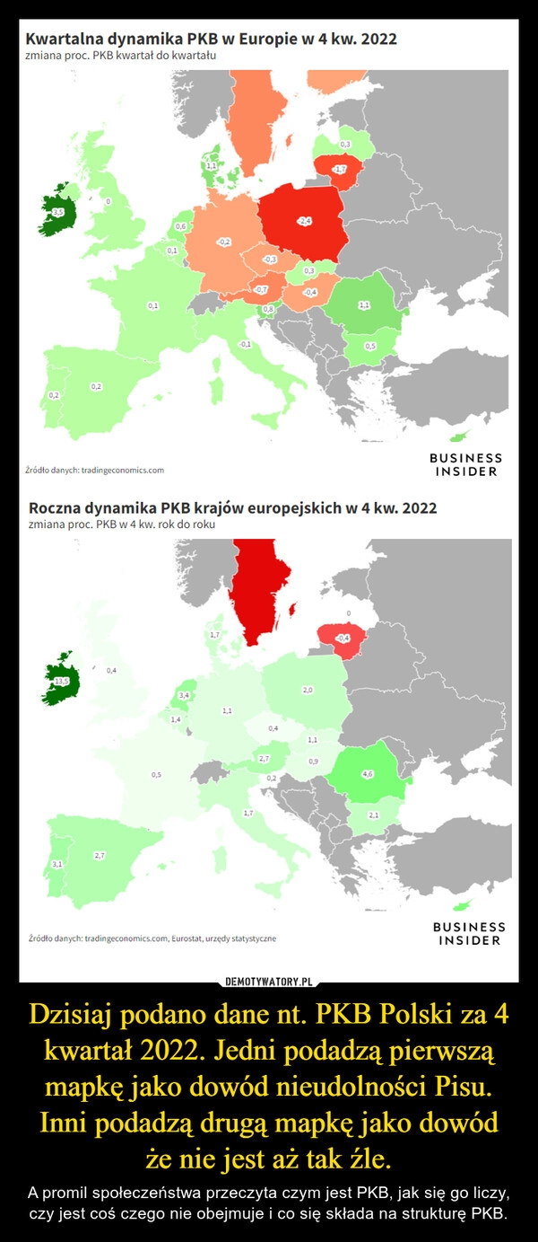 
    Dzisiaj podano dane nt. PKB Polski za 4 kwartał 2022. Jedni podadzą pierwszą mapkę jako dowód nieudolności Pisu. Inni podadzą drugą mapkę jako dowód że nie jest aż tak źle.