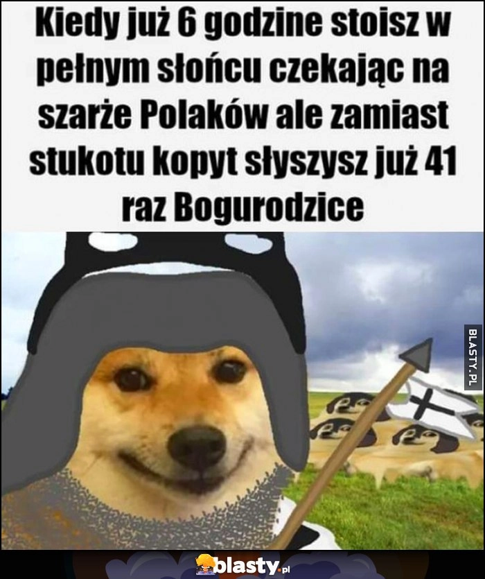 
    Krzyżacy pieseł kiedy już 6 godzinę stoisz w pełnym słońcu czekając na szarżę Polaków ale zamiast stukotu kopyt słyszysz już 41 raz Bogurodzicę