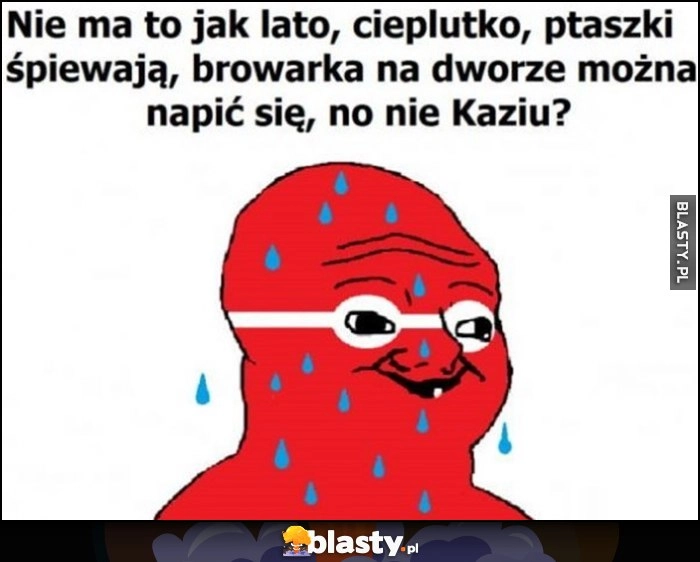 
    Nie ma to jak lato, cieplutko, ptaszki śpiewają, browarka na dworze mozna się napić, no nie Kaziu? Cały spocony