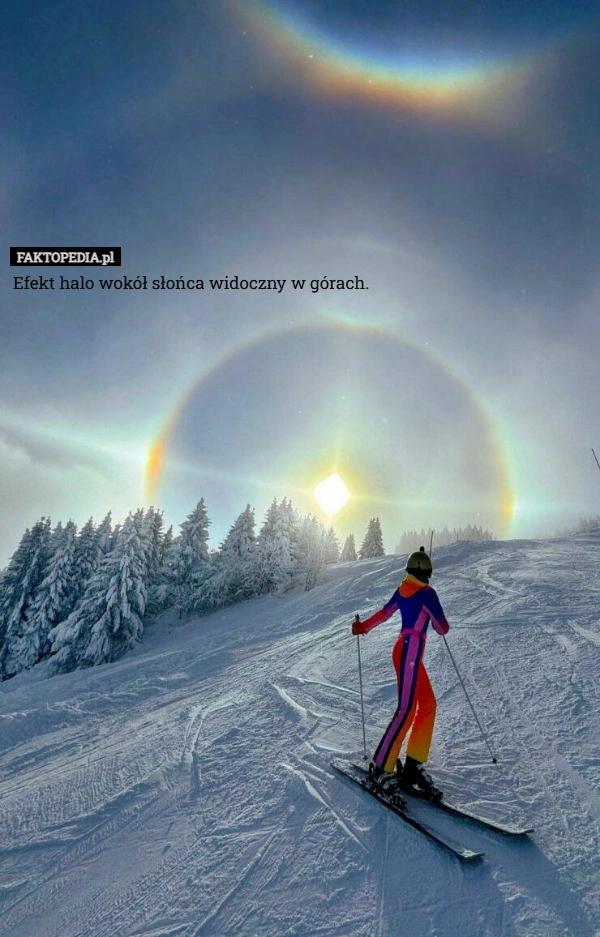 
    Efekt halo wokół słońca widoczny w górach.