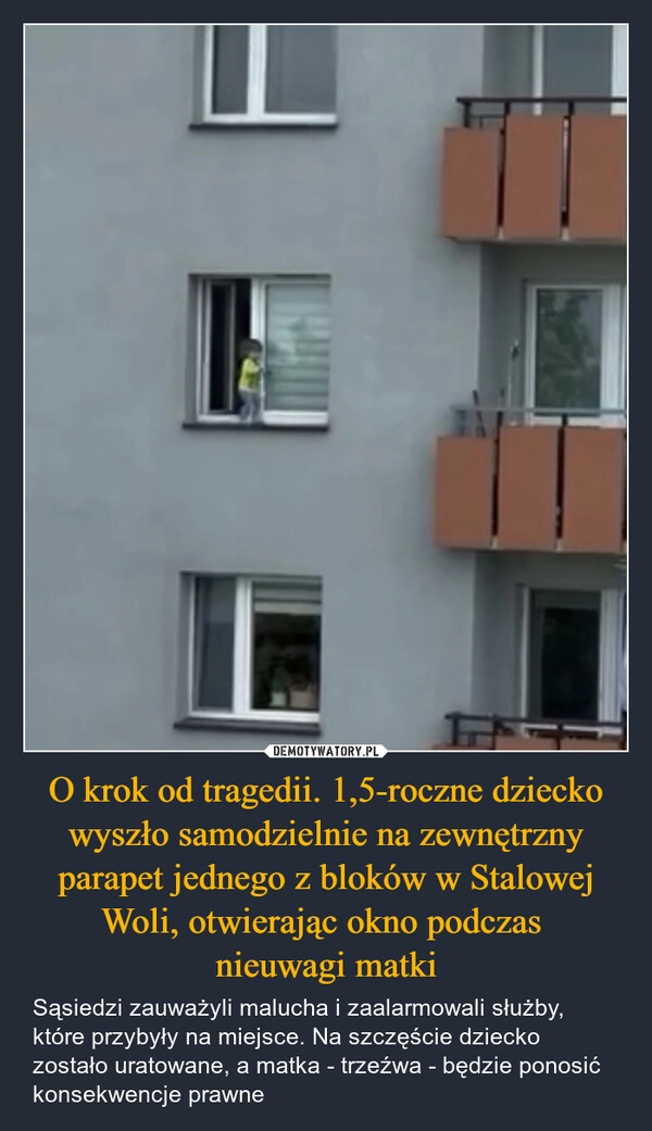 
    O krok od tragedii. 1,5-roczne dziecko wyszło samodzielnie na zewnętrzny parapet jednego z bloków w Stalowej Woli, otwierając okno podczas 
nieuwagi matki