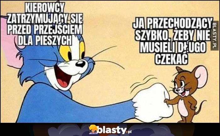 
    Kierowcy zatrzymujący się przed przejściem dla pieszych, ja przechodzący szybko żeby nie musieli długo czekać Tom i Jerry